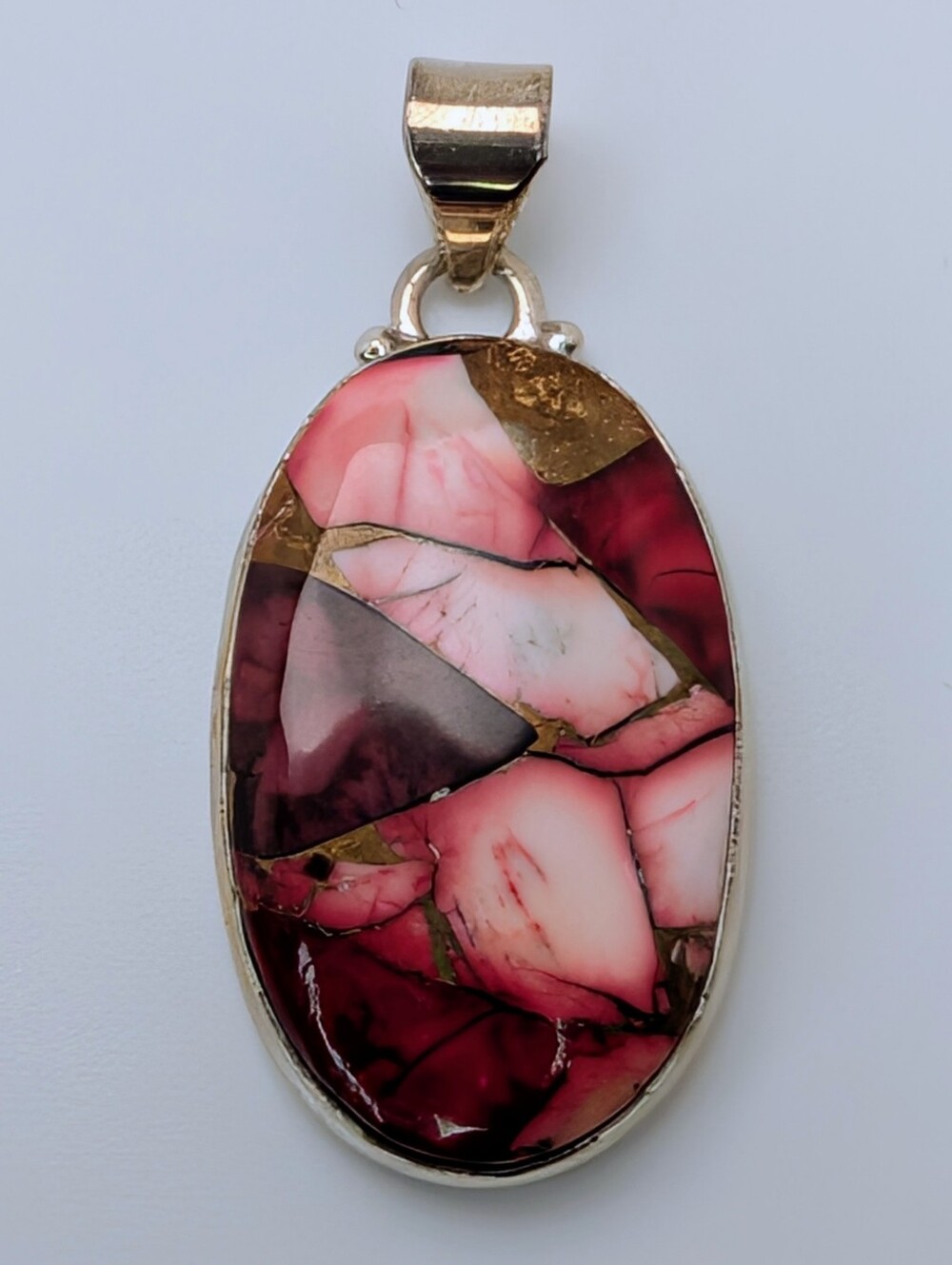 Large Red Rose Dahlia Turquoise Oval Pendant S925 Sterling Silver